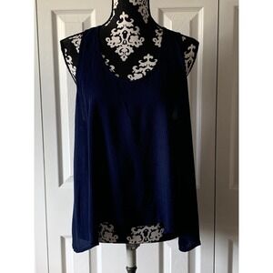 Large Navy Blue Sleeveless Tank Top Flowy Blouse Button Back Casual Summer Women